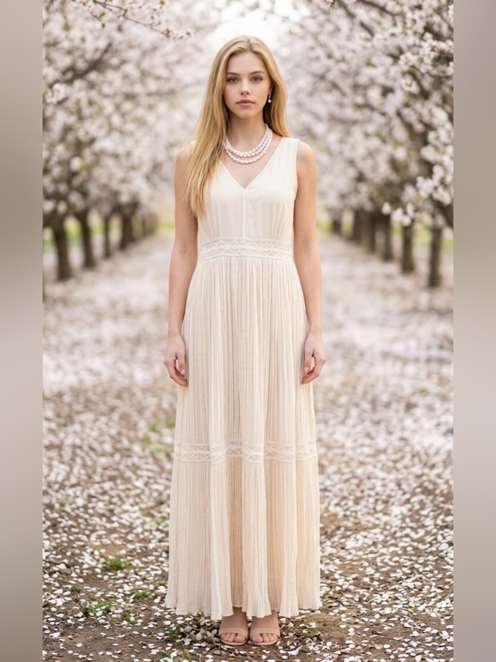 Massimo Dutti Cream V‑Neck Pleated Maxi Dress